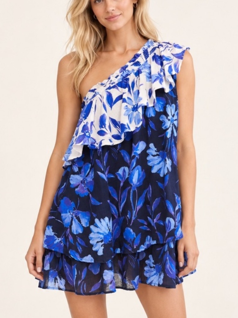 Anthropologie Floral One-Shoulder Ruffle Mini Dress Size Medium 57137